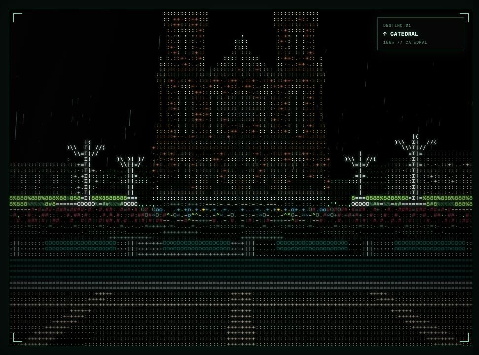 La Catedral de La Plata renderizada en ASCII desde Plaza Moreno